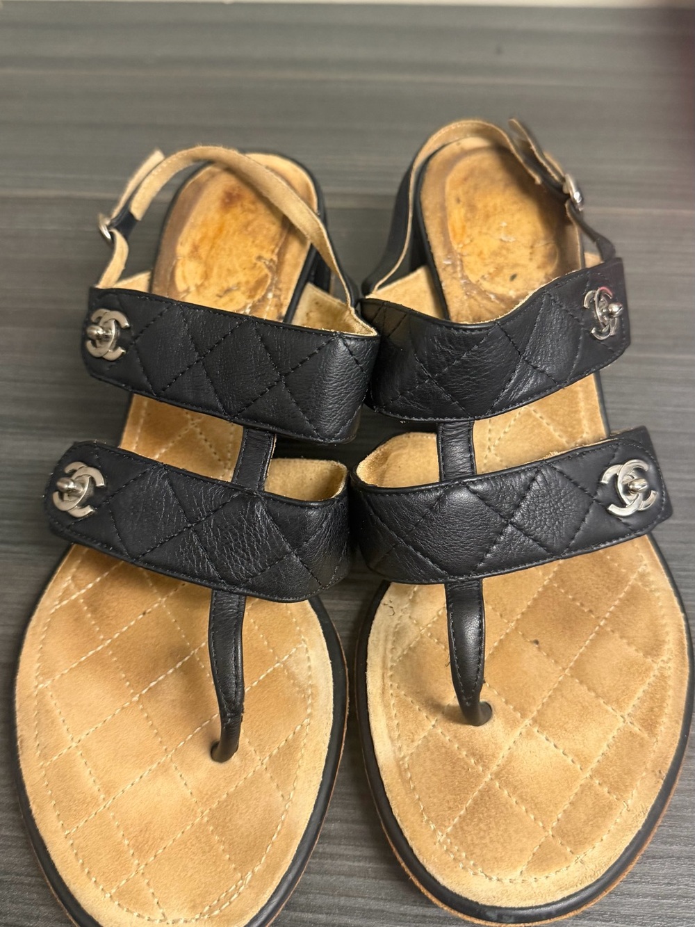 CHANEL Black Quilted Leather T-Strap Sandals with Silver CC Hardware